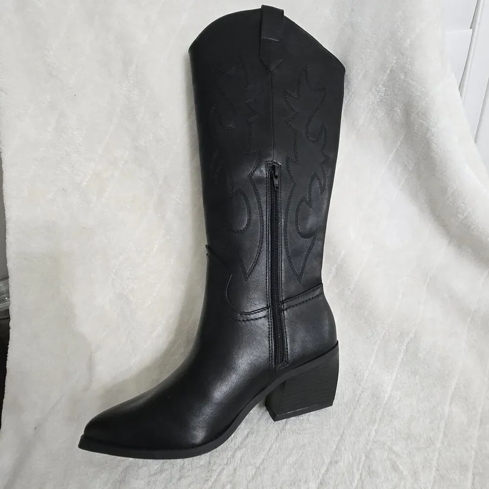 Madden NYC Boots Women's Sz 6 Tall Black Western Embroidered Pointed Block Heel